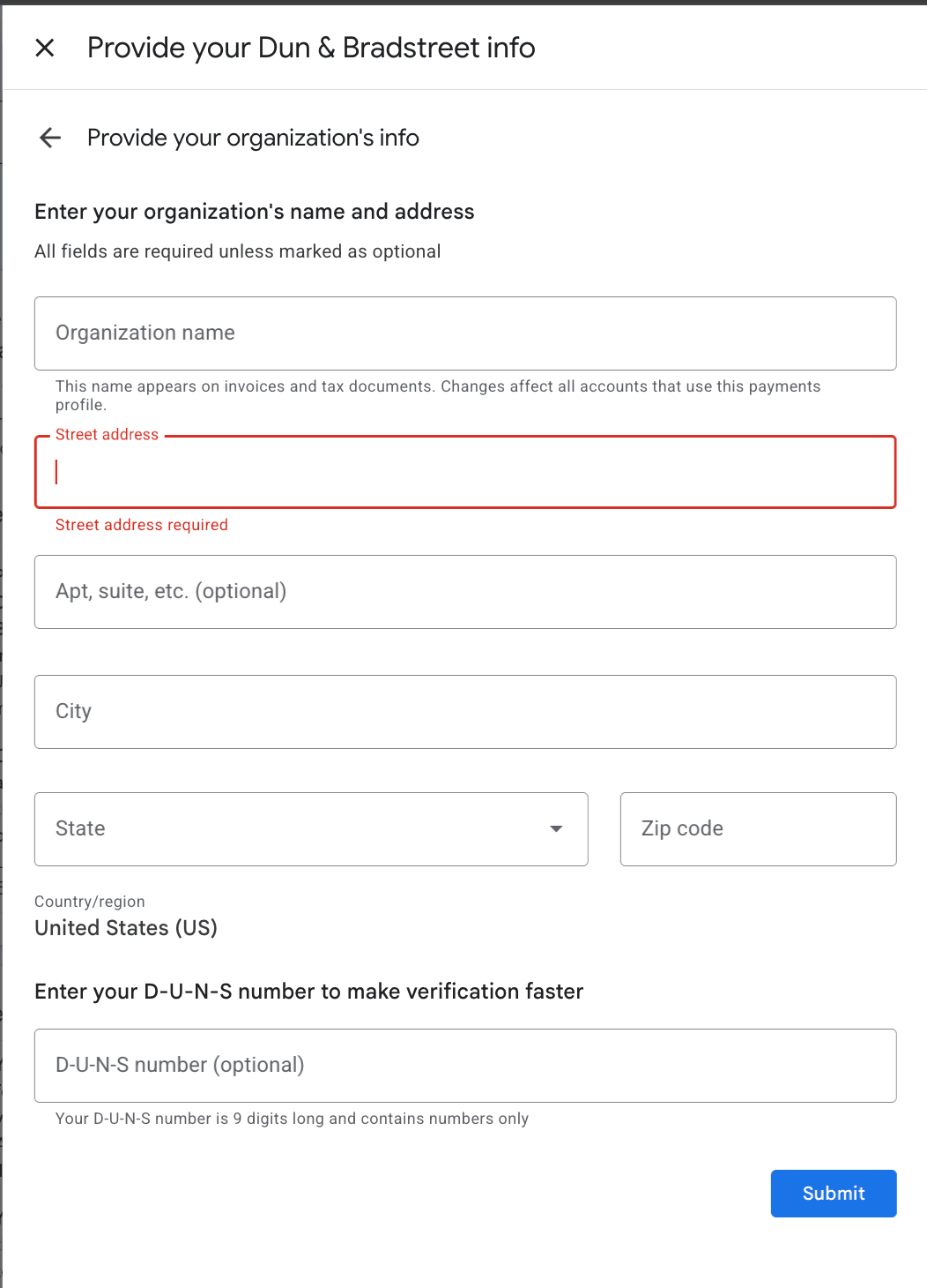 The Google Ads form for organization name, address, and an optional D-U-N-S number