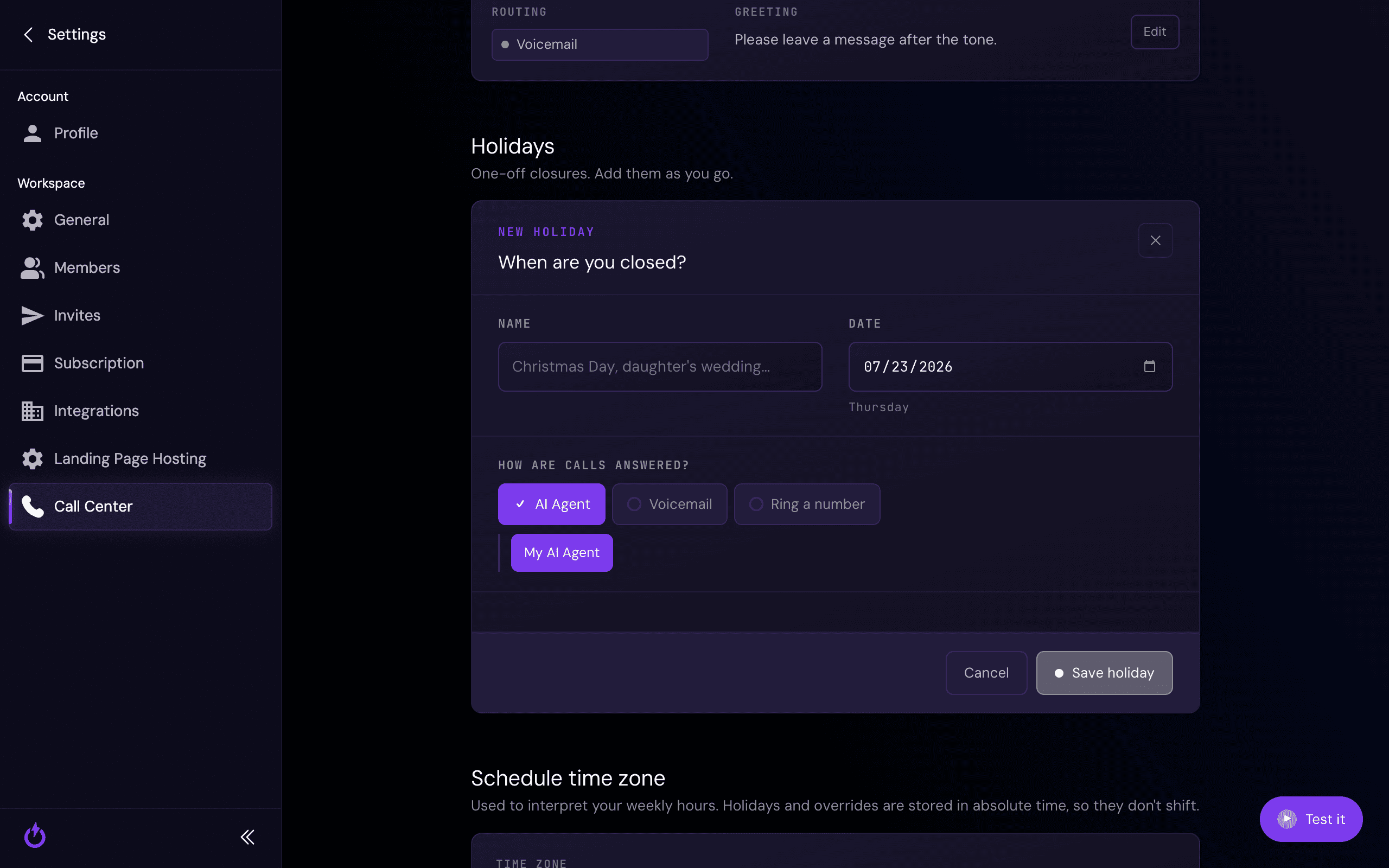The New Holiday form with a name, date, and how calls are answered