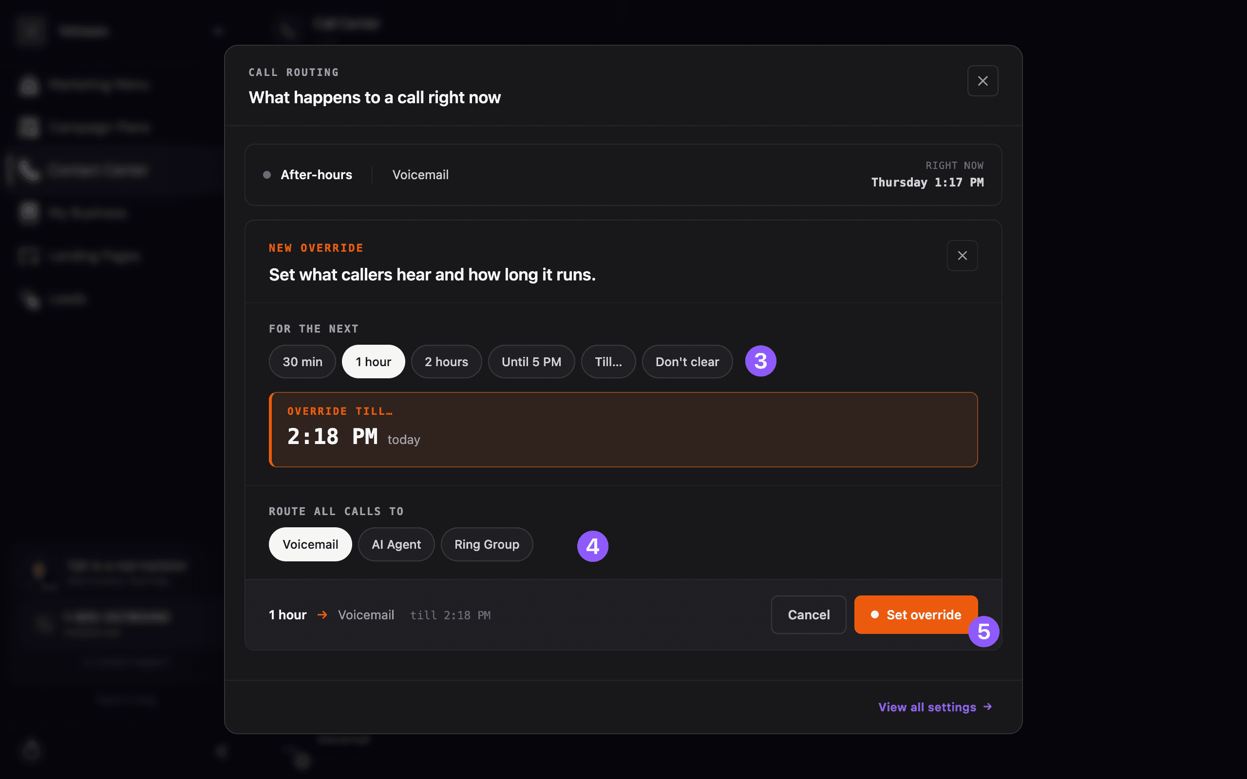 The New Override form with duration options, routing options, and the Set override button