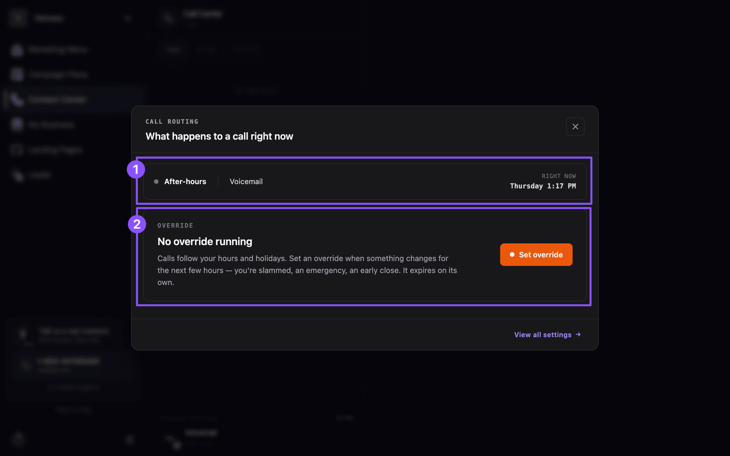 The "What happens to a call right now" panel showing the current state and override status
