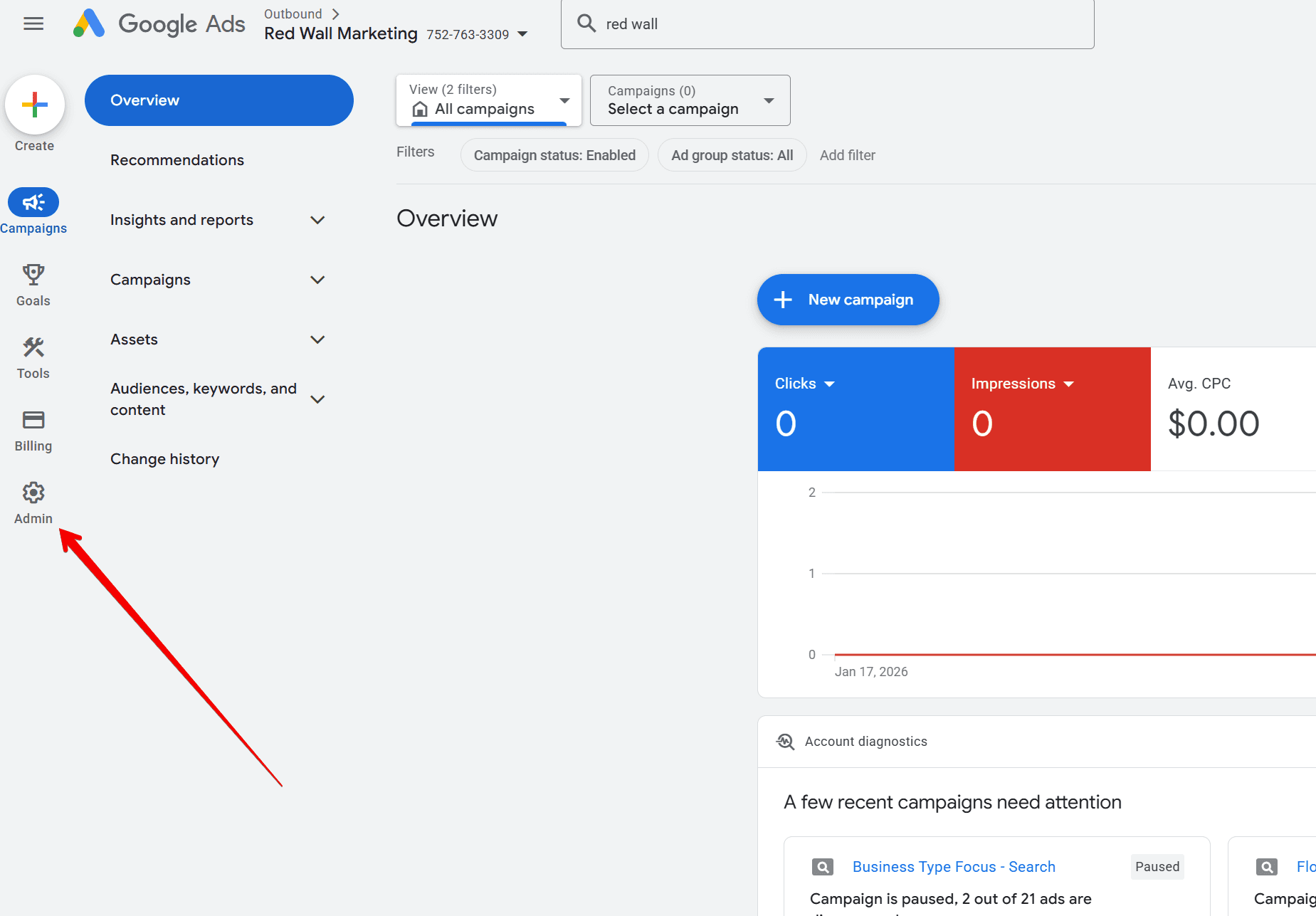 The Google Ads left menu with the Admin gear icon at the bottom