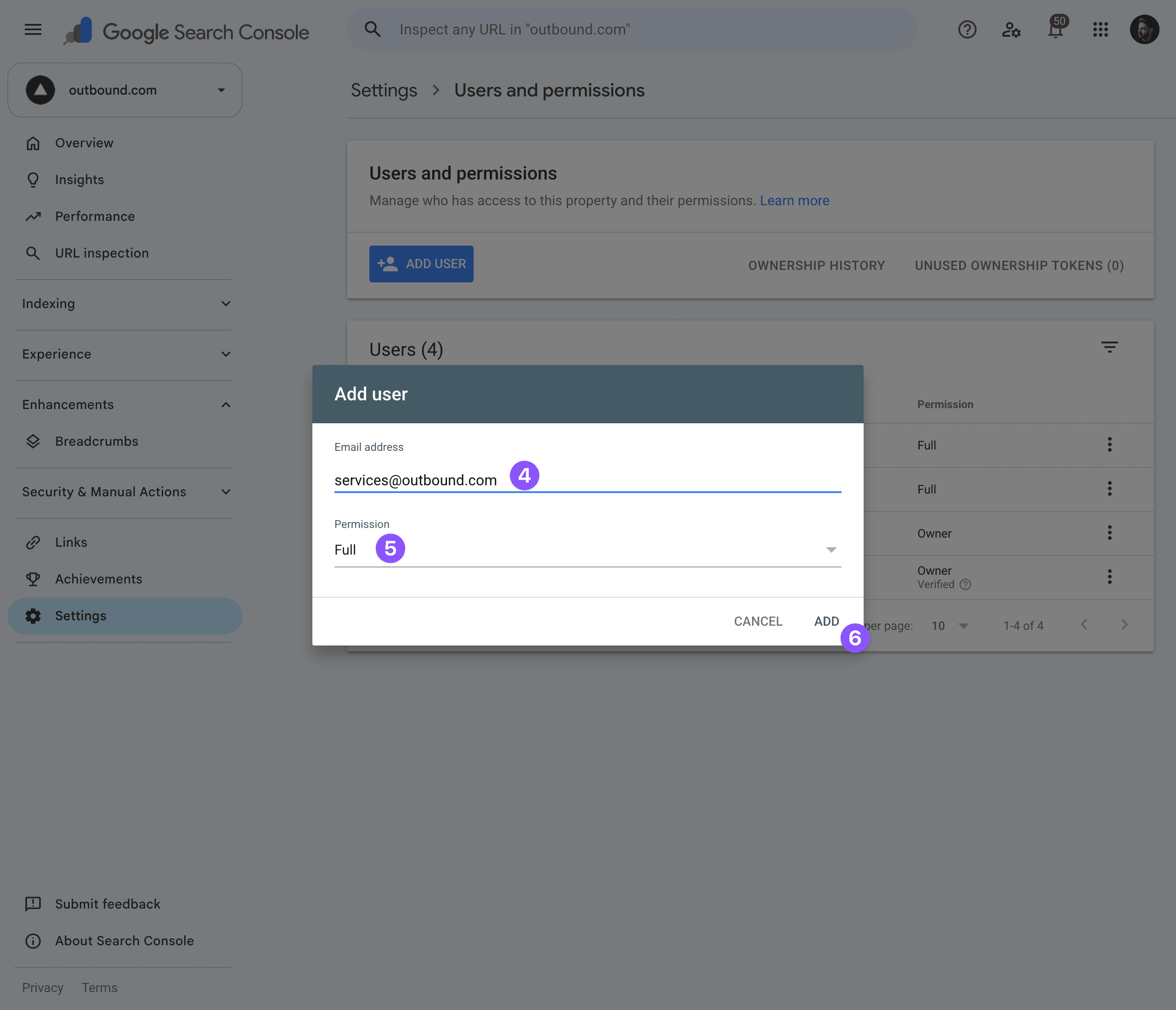 The Add user dialog with services@outbound.com entered, Full permission selected, and the Add button